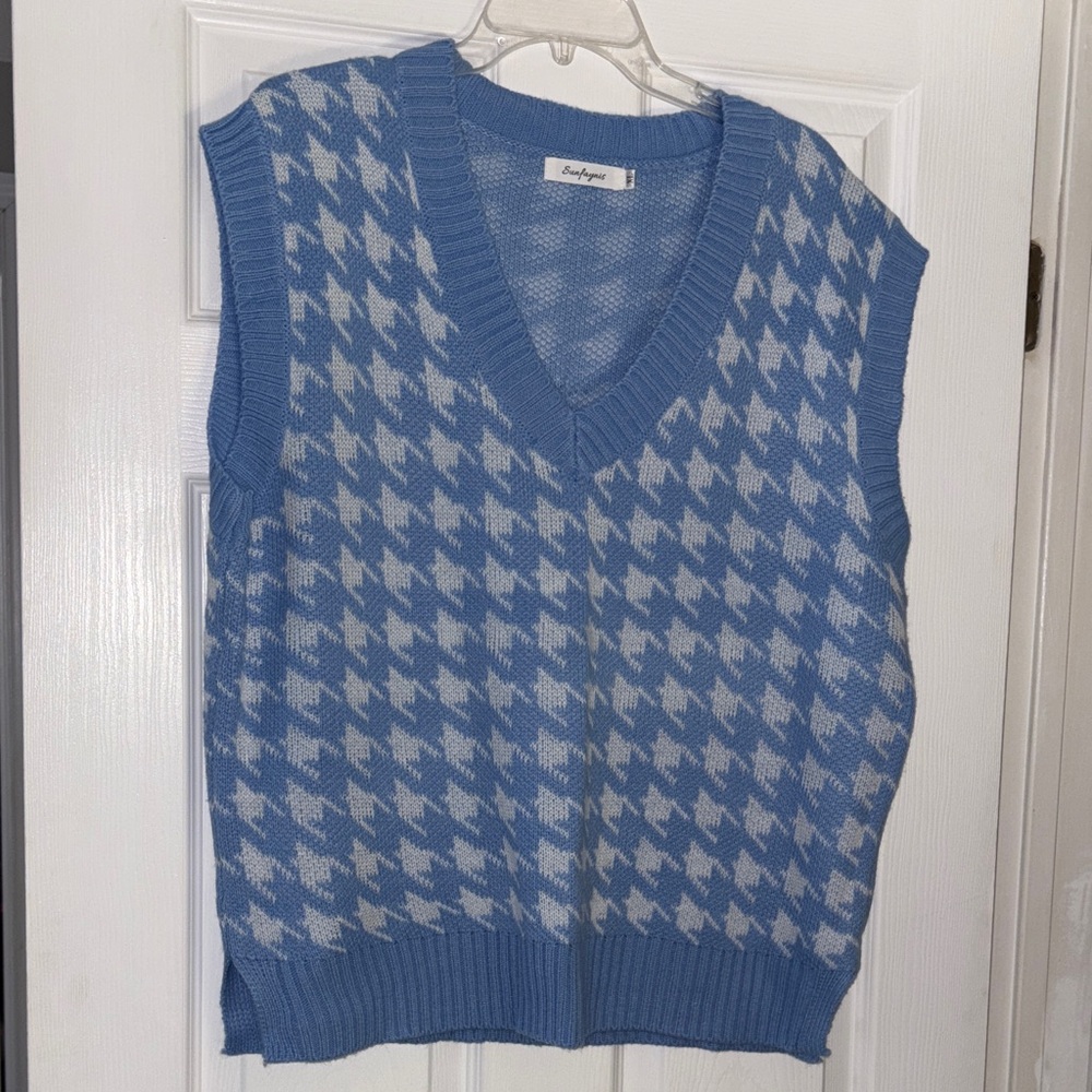 Cozy Blue and White V-Neck Sweater Vest